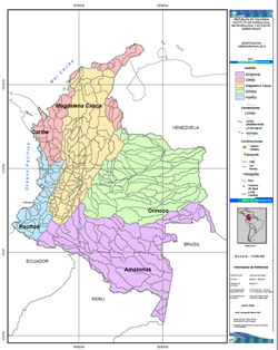 Mapa de Colombia con la zonificación hidrográfica del país