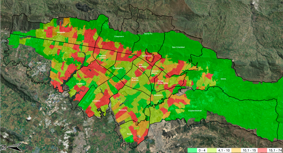 Mapa de Bogotá densidad de eventos de encharcamiento por Unidades de Planeación Zonal